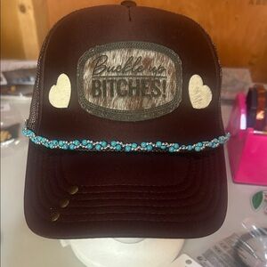 Women’s Brown Embellished Trucker Hat with Turquoise Bead Trim